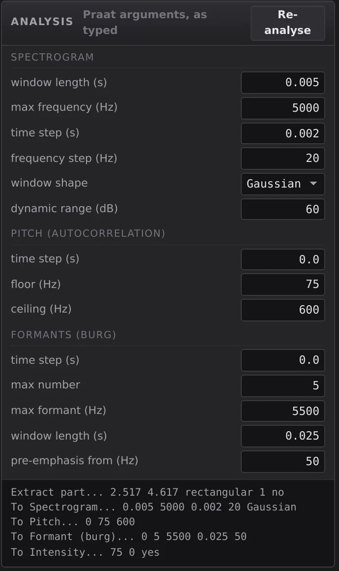 The analysis panel: spectrogram, pitch and formant settings as editable fields, with the literal Praat commands beneath