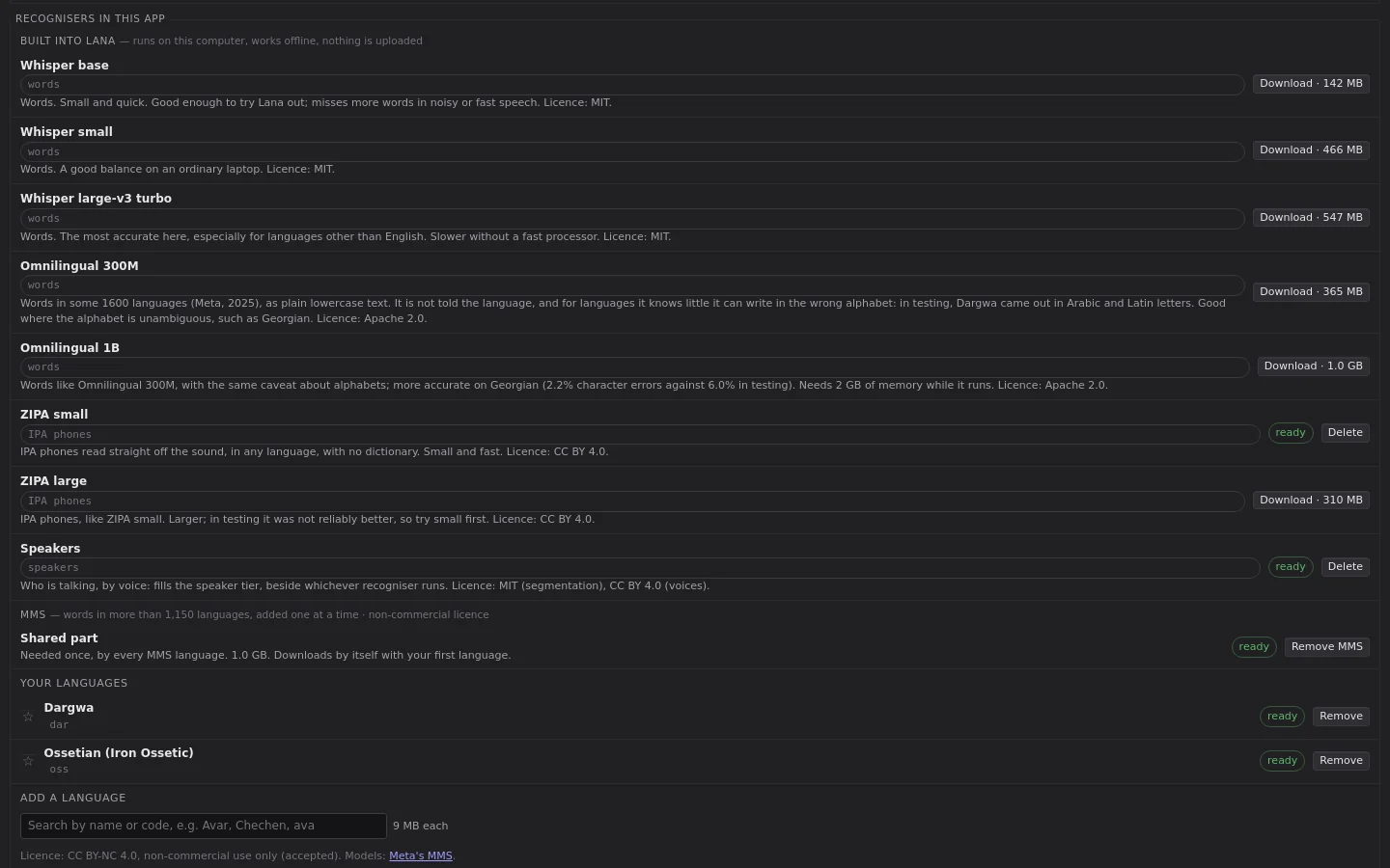 The settings screen listing built-in models with sizes, licences and notes
