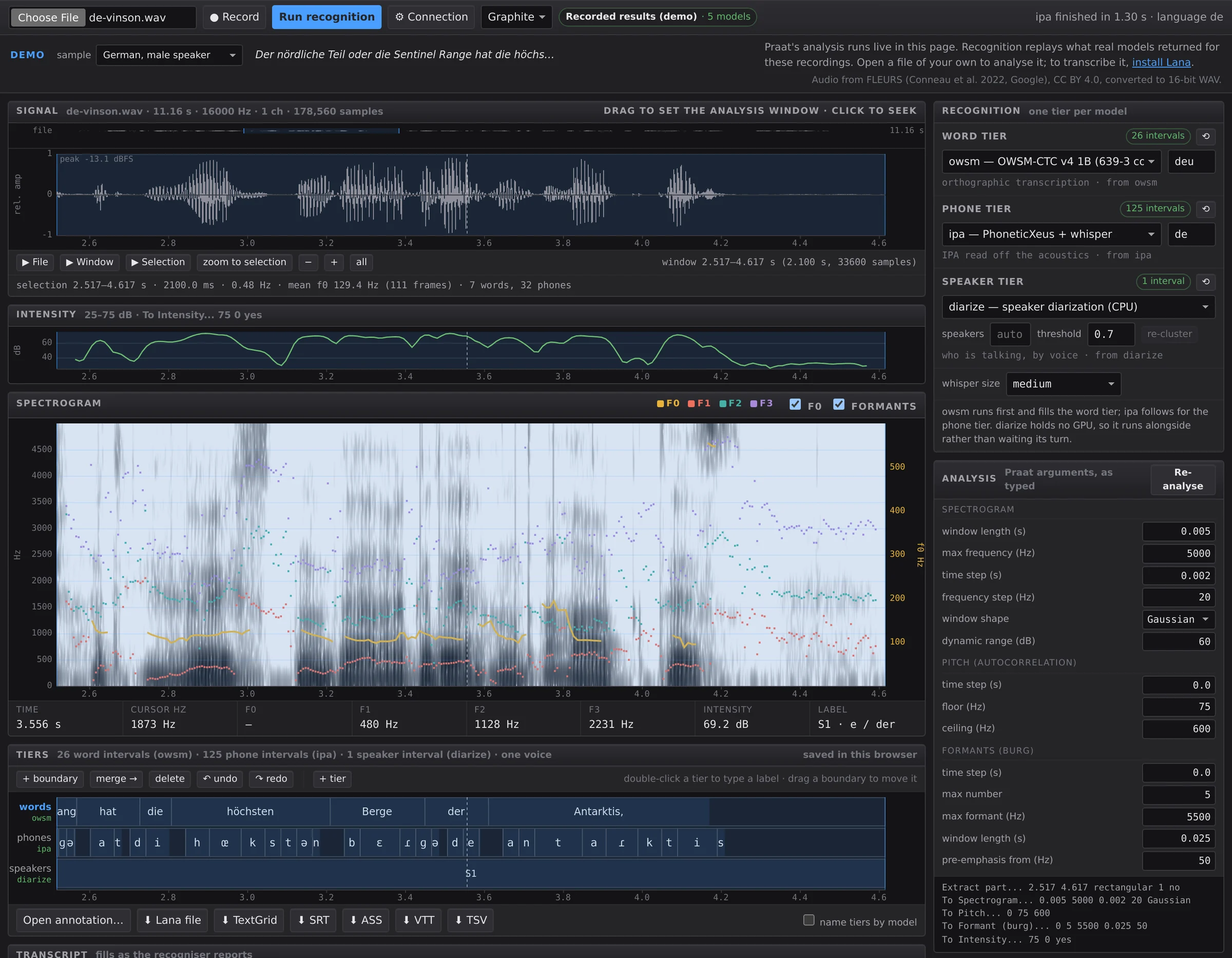 Lana analysing a German recording: waveform, intensity and a spectrogram with pitch and formant tracks, above word, phone and speaker tiers