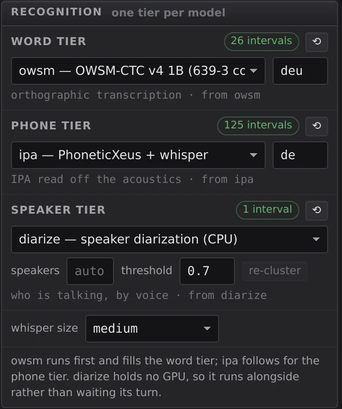 The recognition panel: one model for the word tier, one for the phone tier, and a speaker diarizer