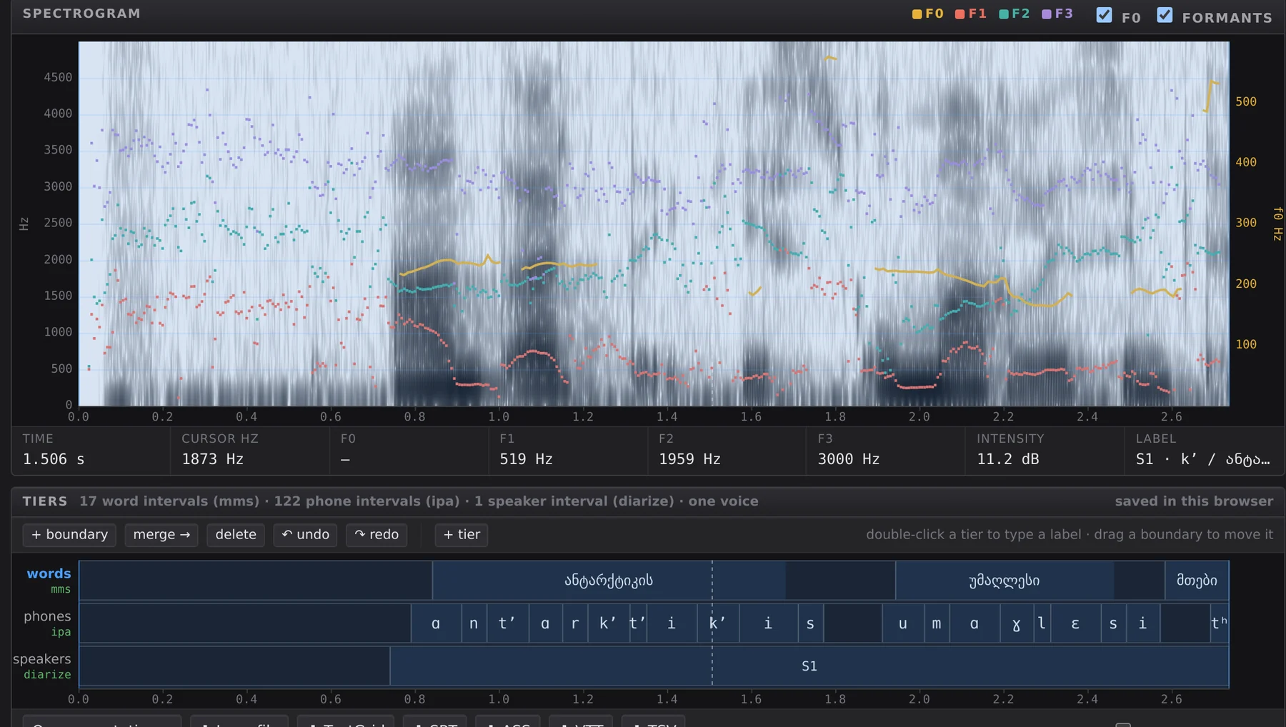 A Georgian recording in Lana: spectrogram, the word ანტარქტიკის in Mkhedruli from MMS, and IPA phones underneath